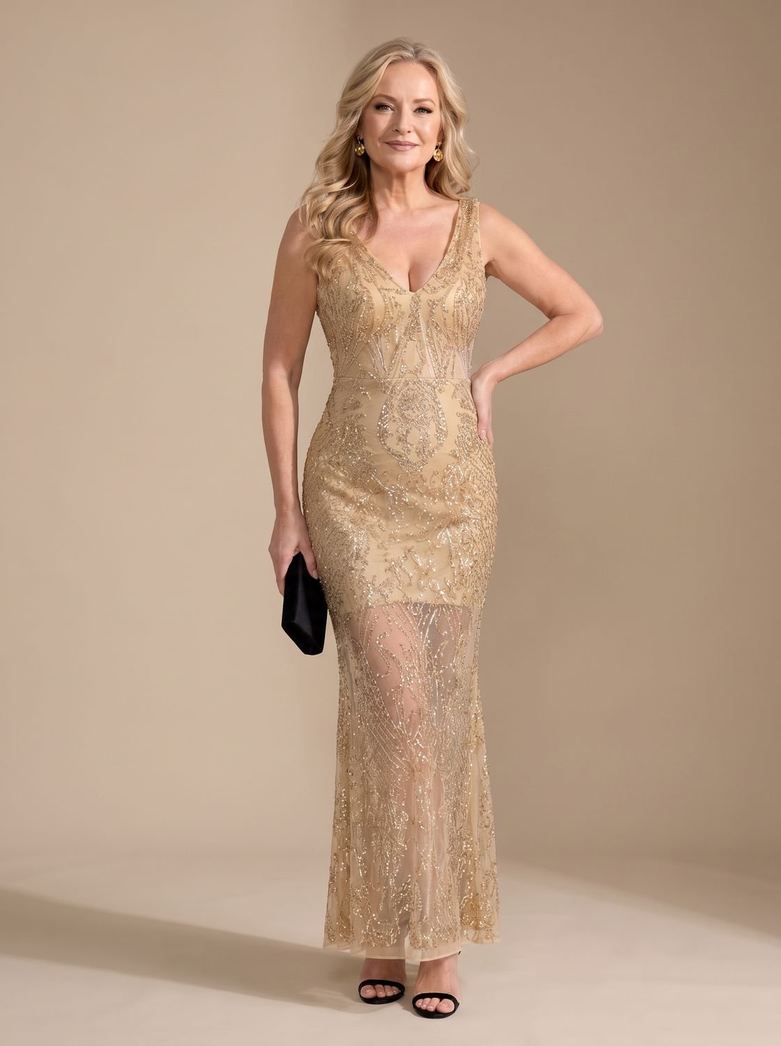 Women's Sequin Sheer Panel Fitted Maxi Christmas Party Dress