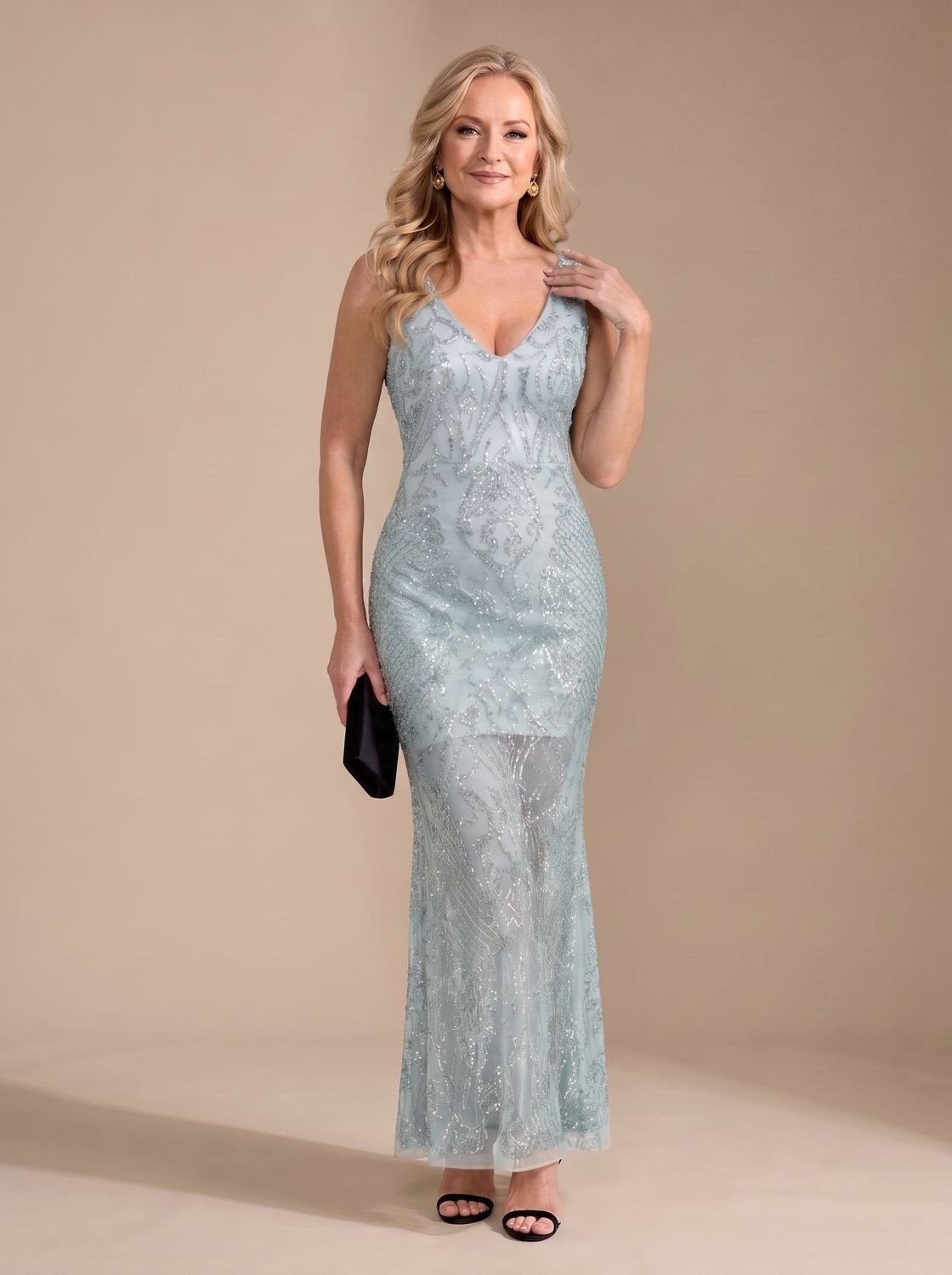 Women's Sequin Sheer Panel Fitted Maxi Christmas Party Dress