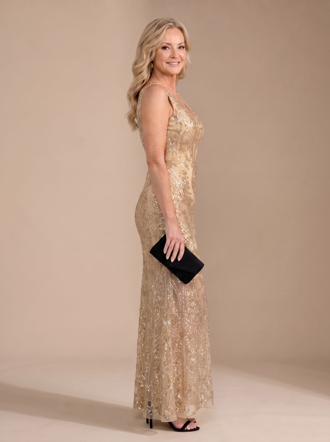 Women's Sequin Sheer Panel Fitted Maxi Christmas Party Dress
