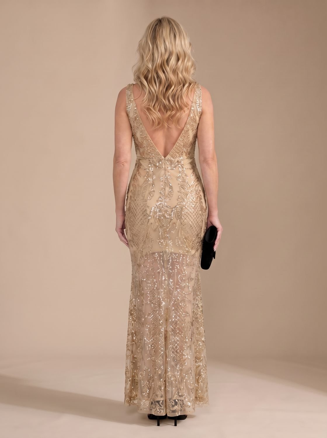 Women's Sequin Sheer Panel Fitted Maxi Christmas Party Dress