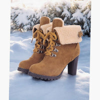 Women's Sherpa-Cuff Lace-Up Chunky Heel Winter Boots