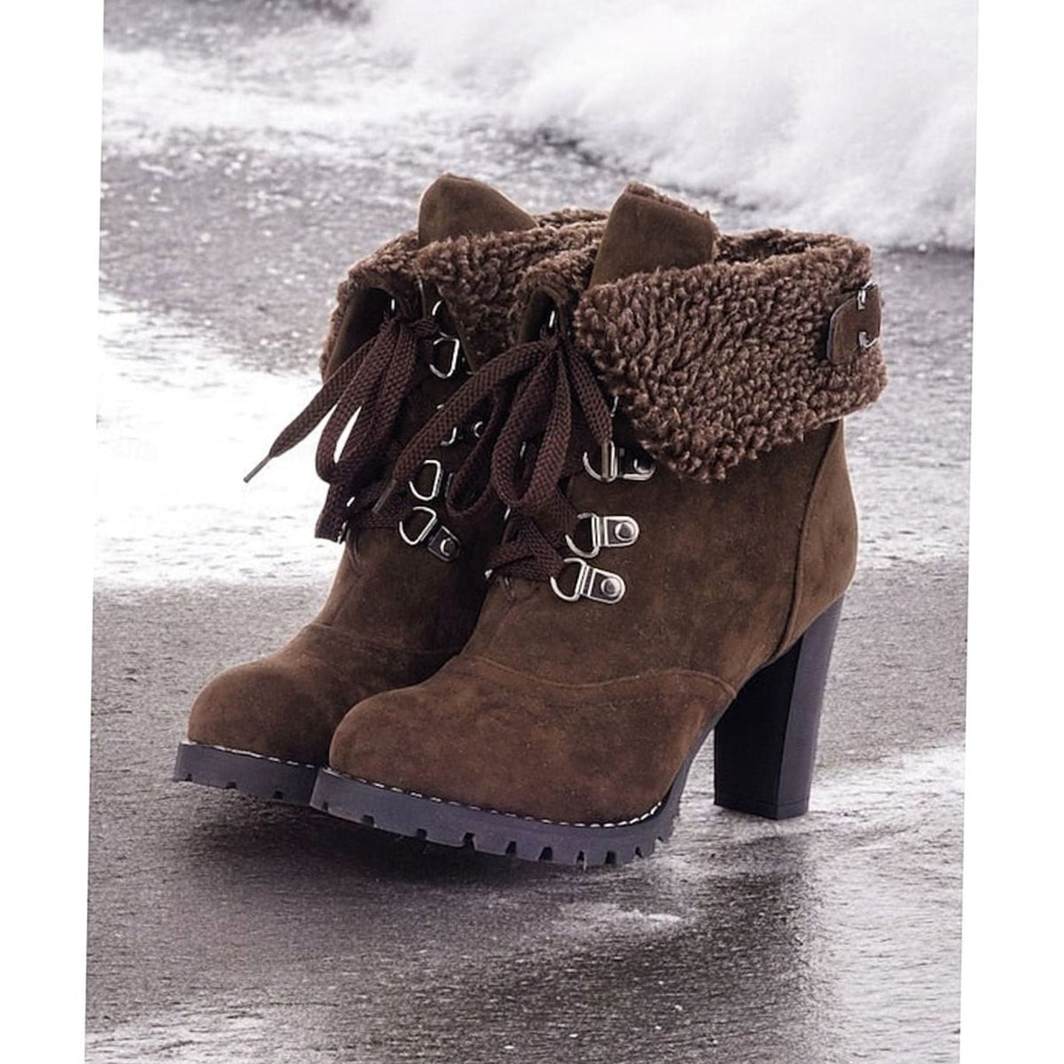 Women's Sherpa-Cuff Lace-Up Chunky Heel Winter Boots