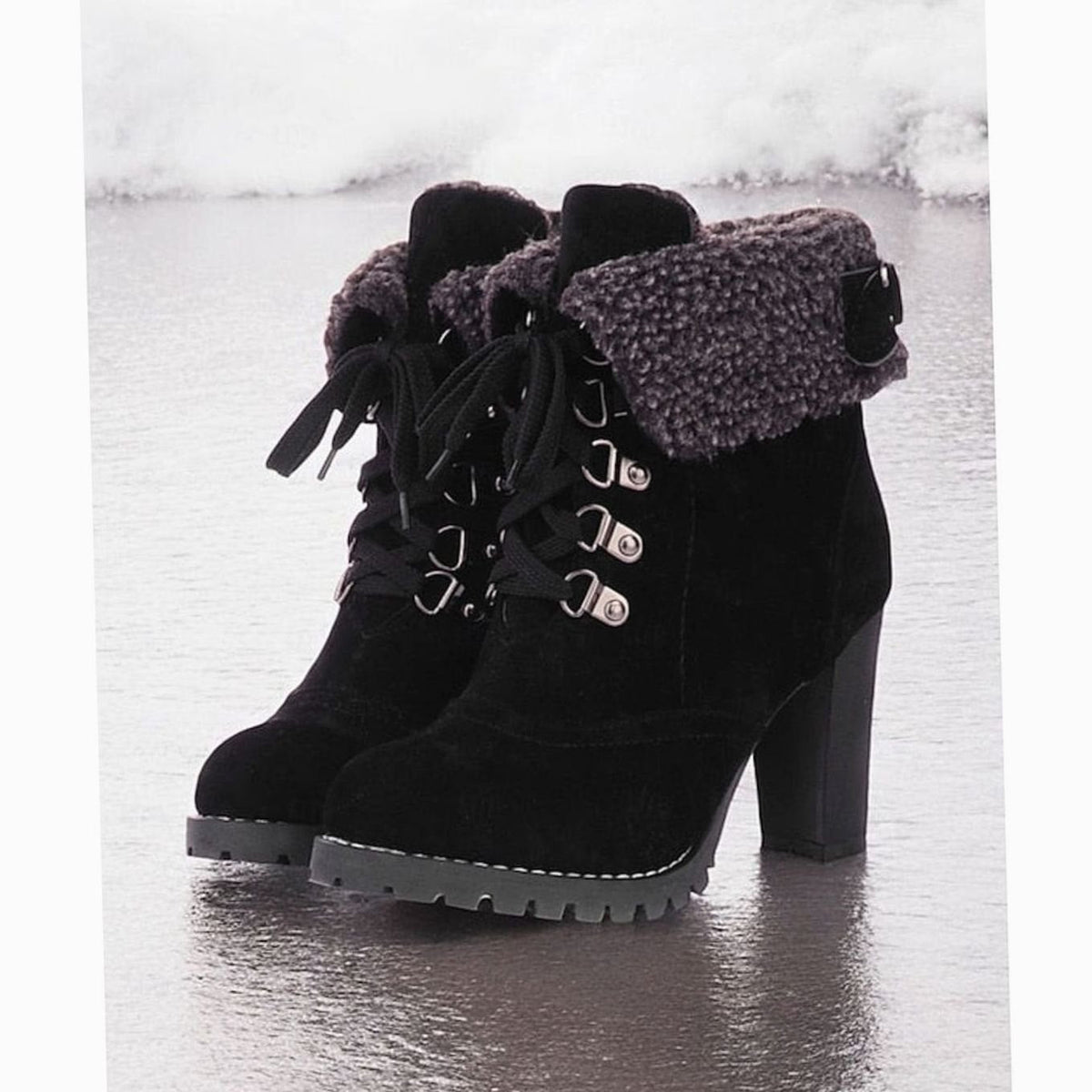 Women's Sherpa-Cuff Lace-Up Chunky Heel Winter Boots