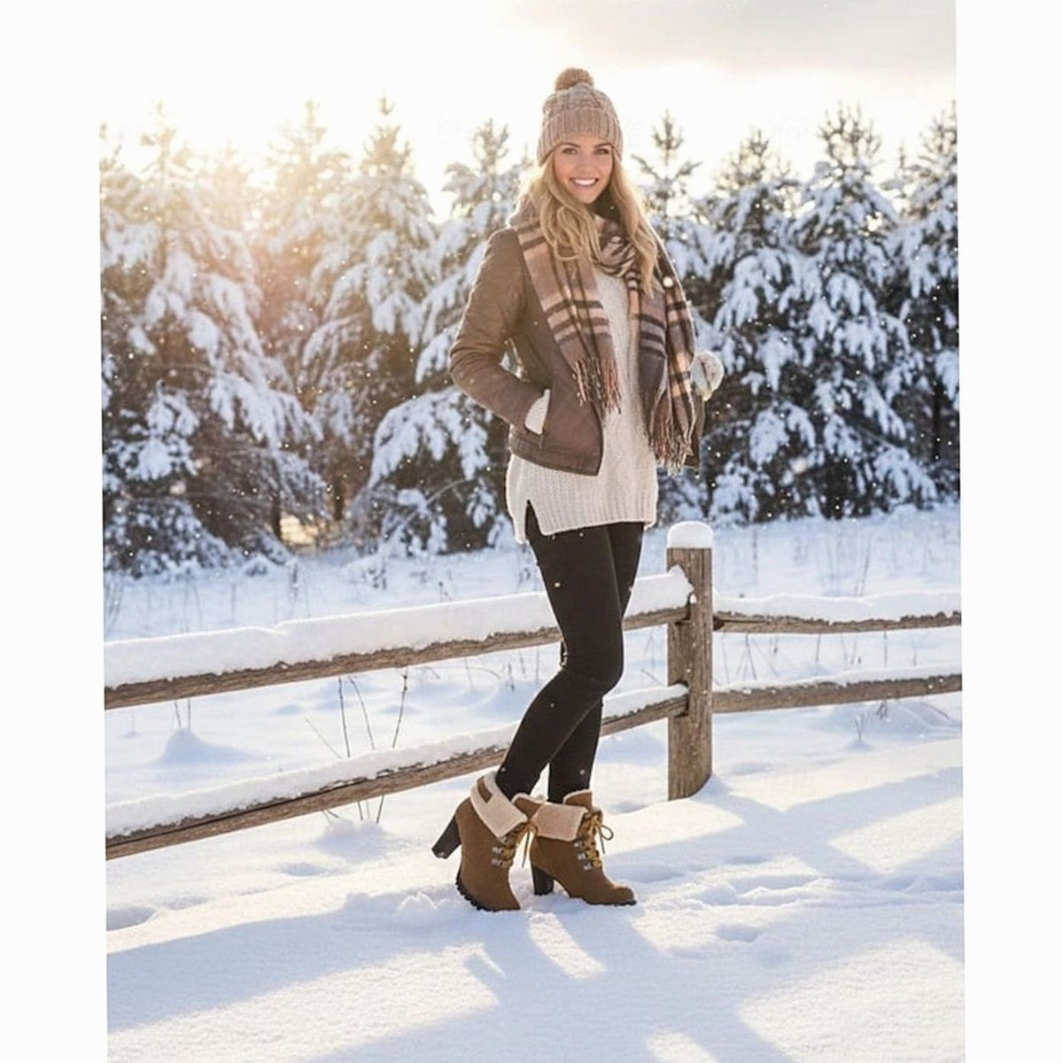 Women's Sherpa-Cuff Lace-Up Chunky Heel Winter Boots
