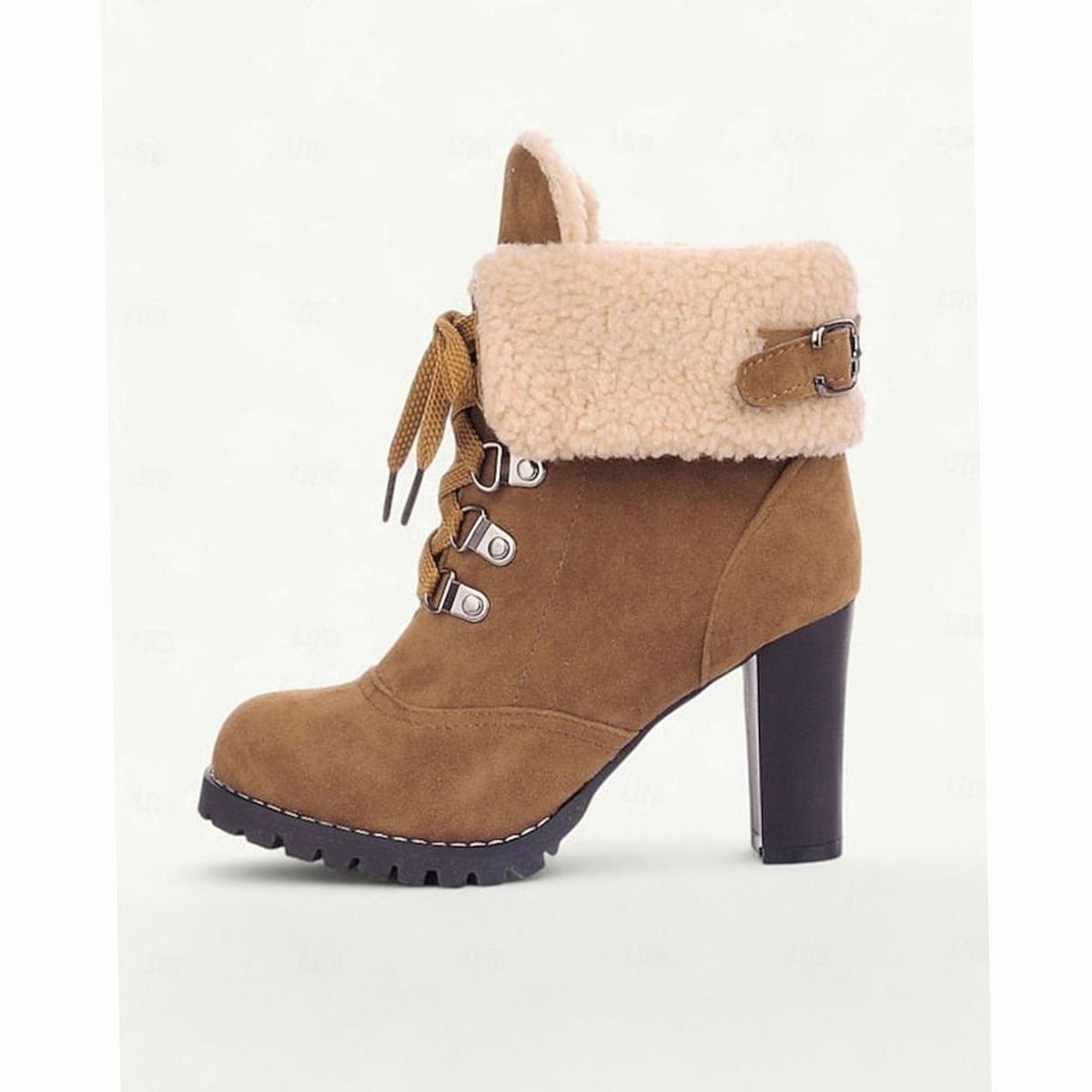 Women's Sherpa-Cuff Lace-Up Chunky Heel Winter Boots