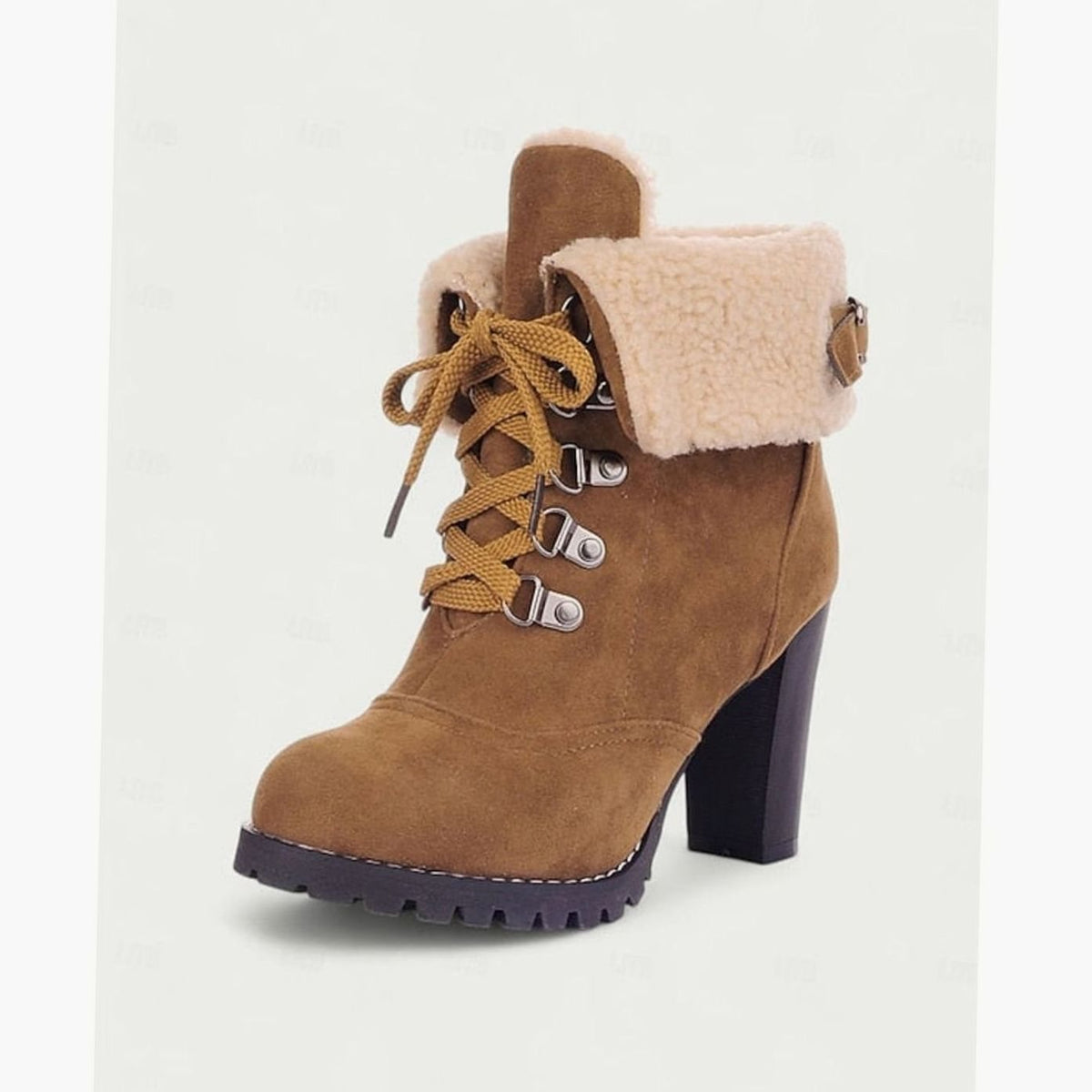 Women's Sherpa-Cuff Lace-Up Chunky Heel Winter Boots