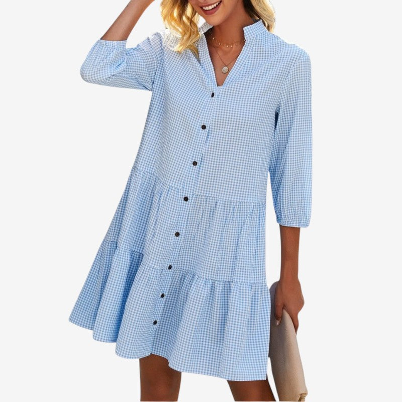 Women's Short Blue Gingham Shirt Dress