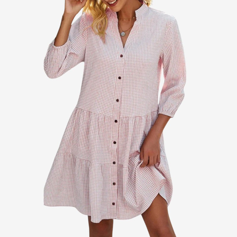 Women's Short Blue Gingham Shirt Dress