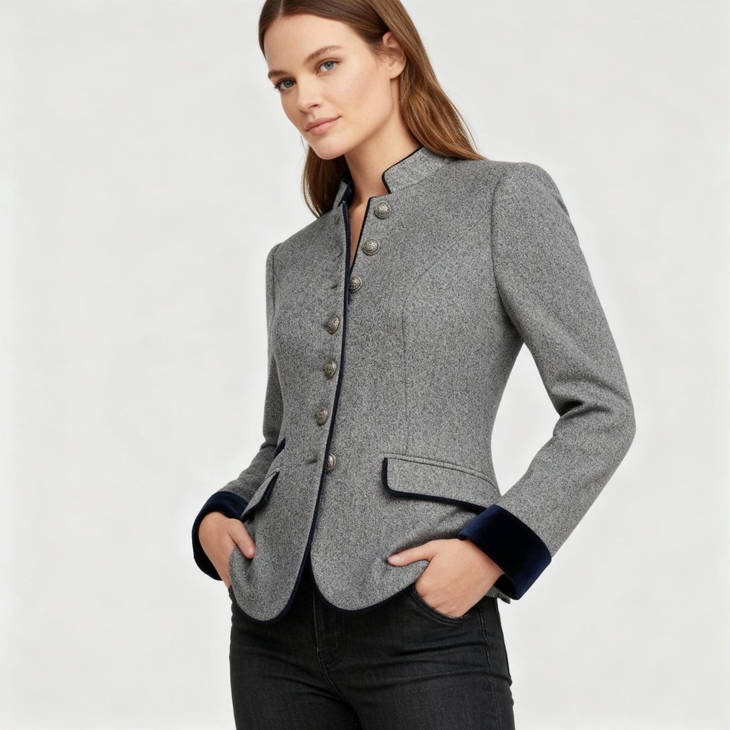 Women's Short Jacket with Multi-Button Placket and Color Accents | Charly Fashion