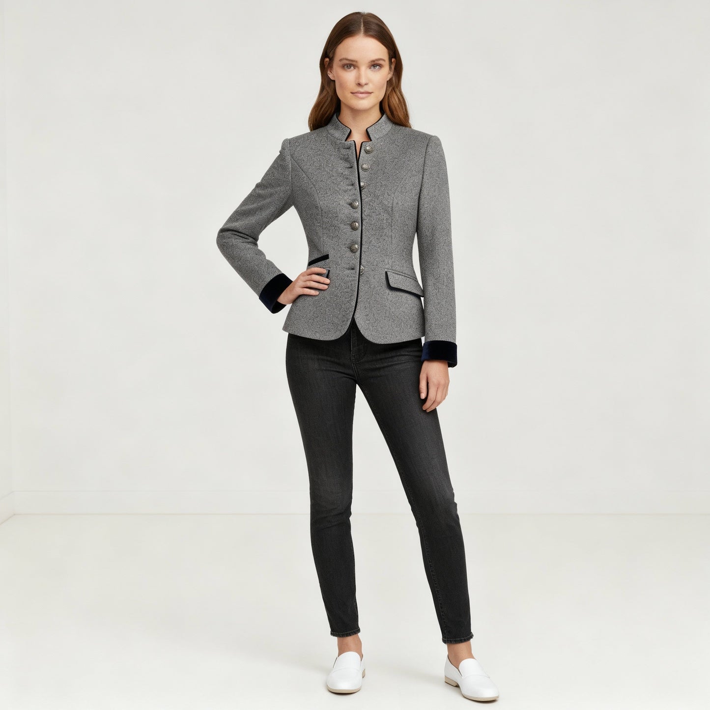 Women's Short Jacket with Multi-Button Placket and Color Accents | Charly Fashion