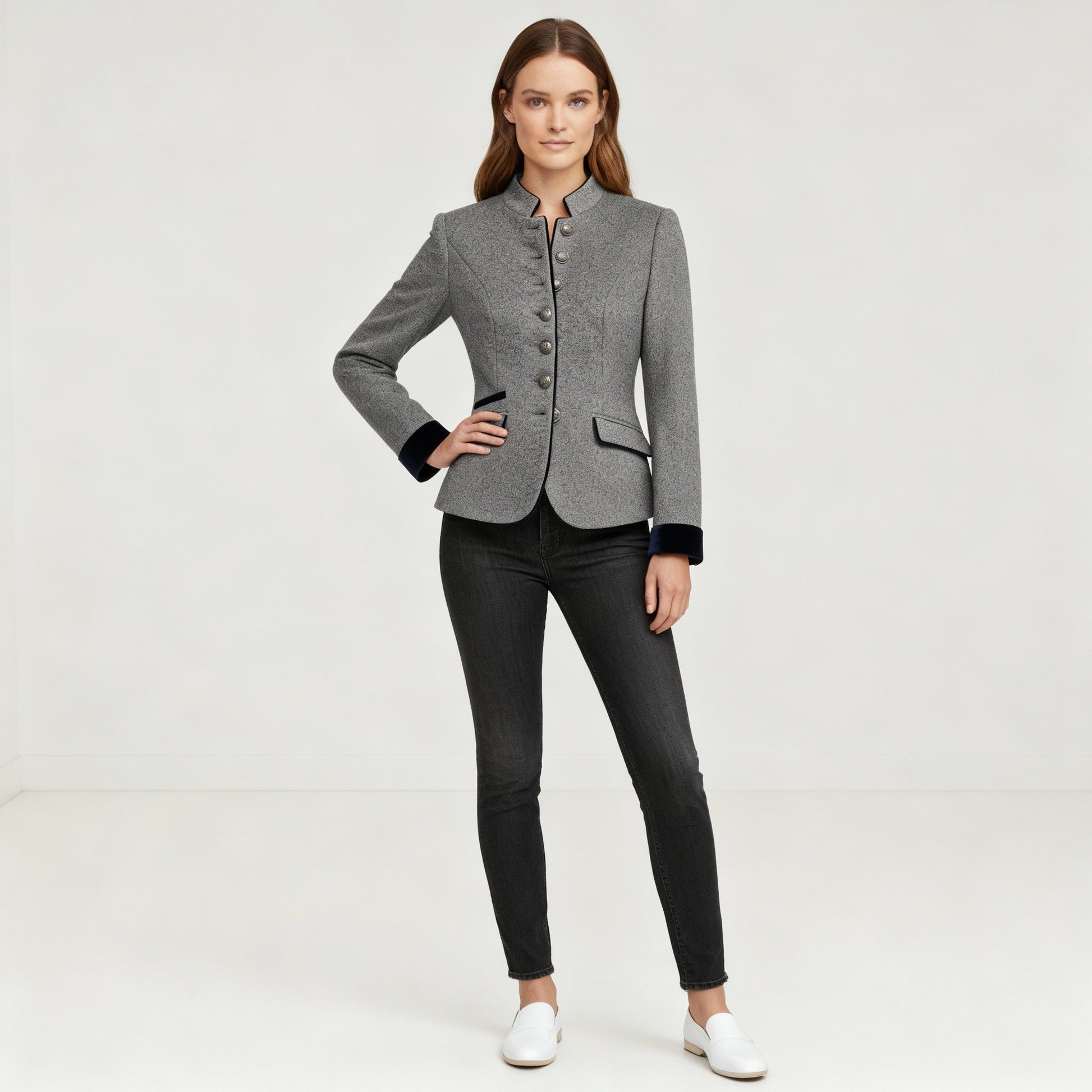 Women's Short Jacket with Multi-Button Placket and Color Accents | Charly Fashion