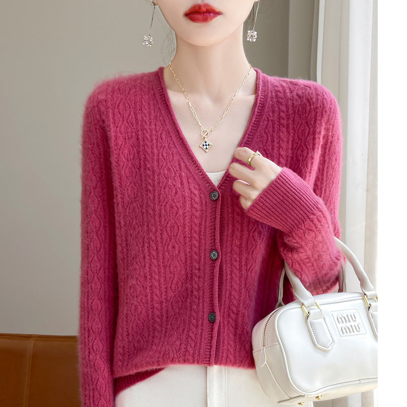 Women's Short Mohair-Look Cable-Knit V-Neck Cardigan with Ribbed Cuffs