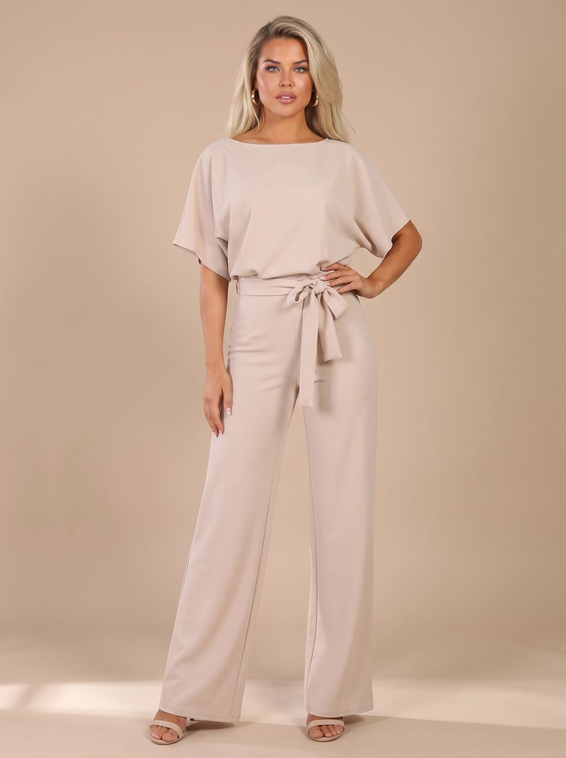 Women's Short-Sleeve Wide-Leg Jumpsuit with Tie Belt