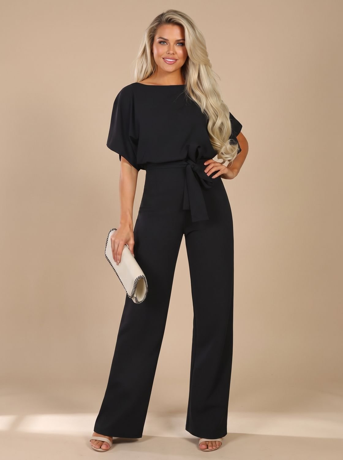 Women's Short-Sleeve Wide-Leg Jumpsuit with Tie Belt