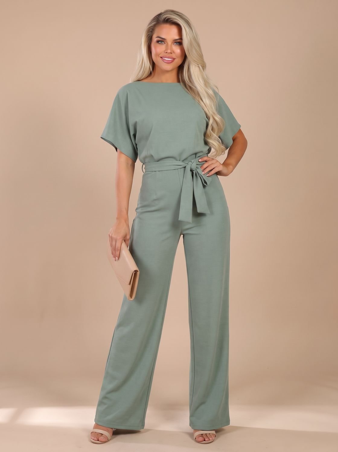 Women's Short-Sleeve Wide-Leg Jumpsuit with Tie Belt