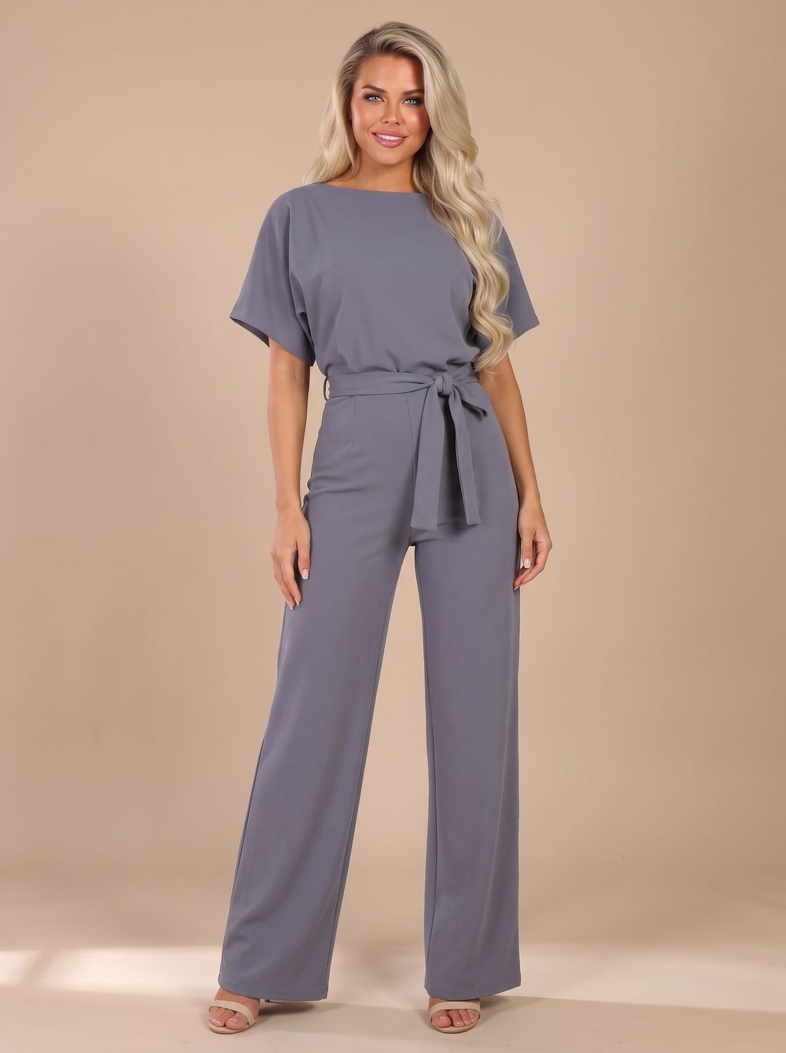 Women's Short-Sleeve Wide-Leg Jumpsuit with Tie Belt