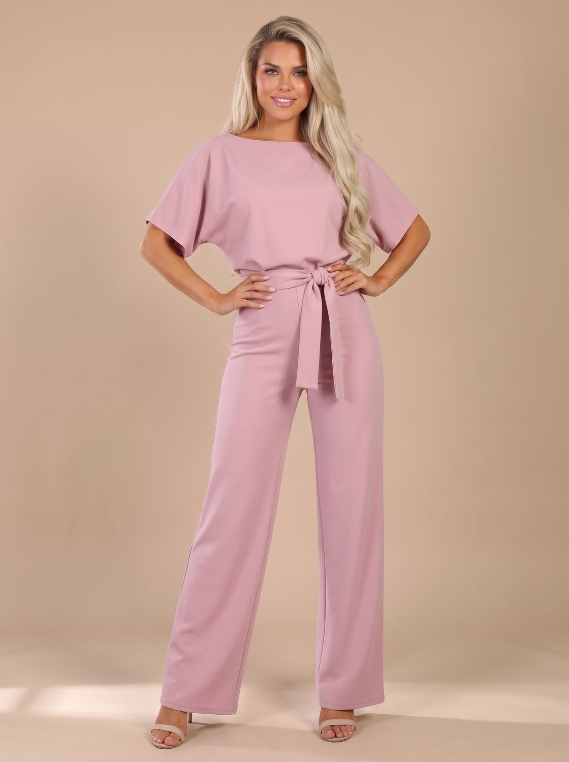 Women's Short-Sleeve Wide-Leg Jumpsuit with Tie Belt