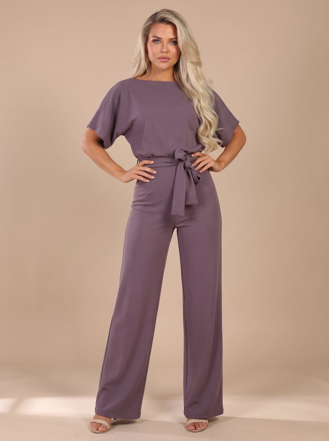 Women's Short-Sleeve Wide-Leg Jumpsuit with Tie Belt