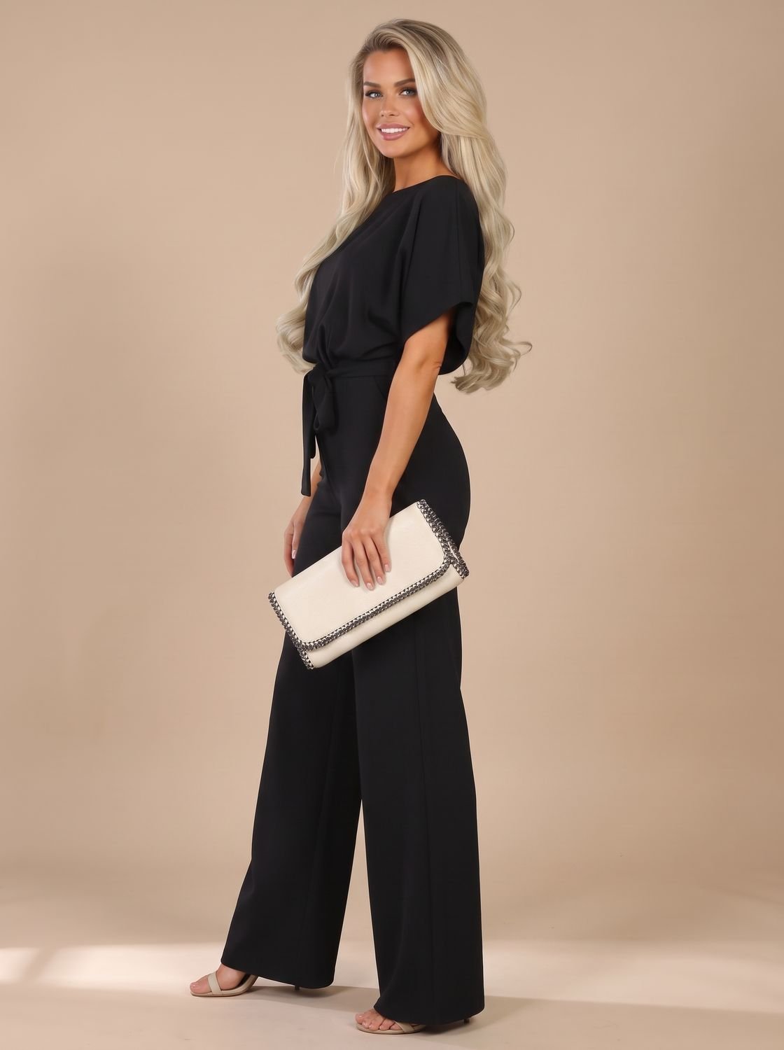 Women's Short-Sleeve Wide-Leg Jumpsuit with Tie Belt