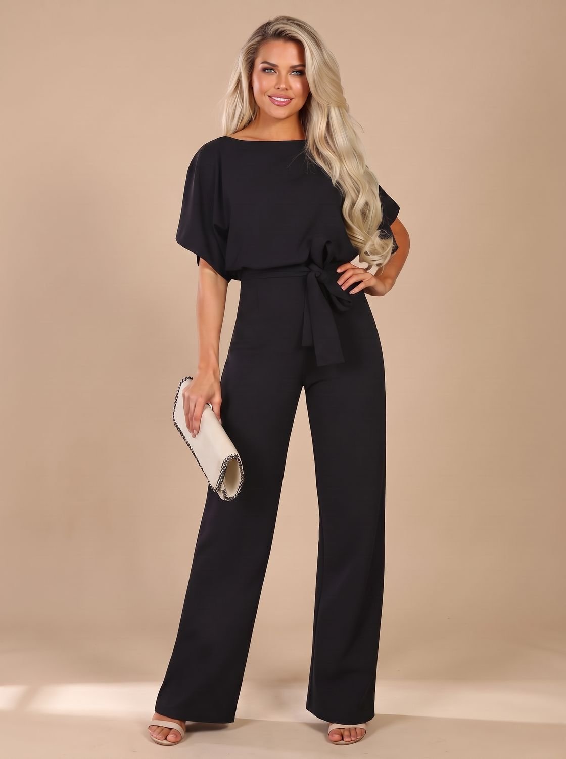 Women's Short-Sleeve Wide-Leg Jumpsuit with Tie Belt