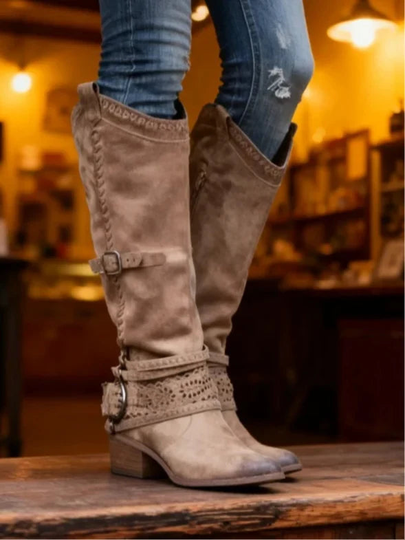 Women's Slip-On Round Toe Knee-High Buckle Strap Boots with Zipper