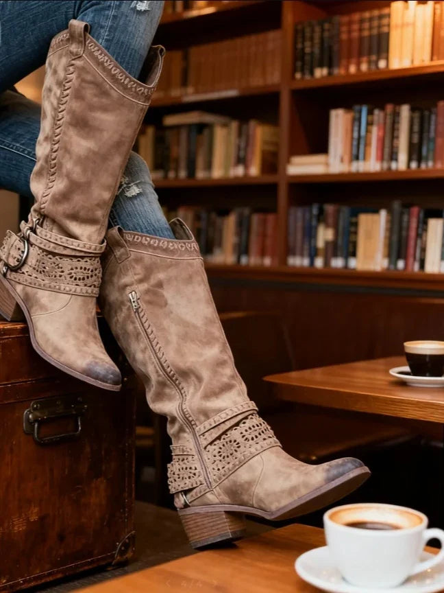Women's Slip-On Round Toe Knee-High Buckle Strap Boots with Zipper