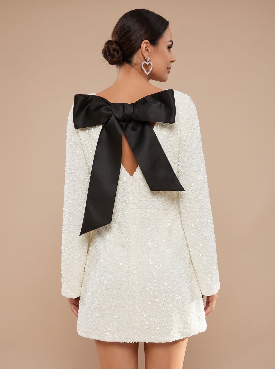 Women's Sparkly Sequin Mini Christmas Party Dress with Bell Sleeves and Bow Back