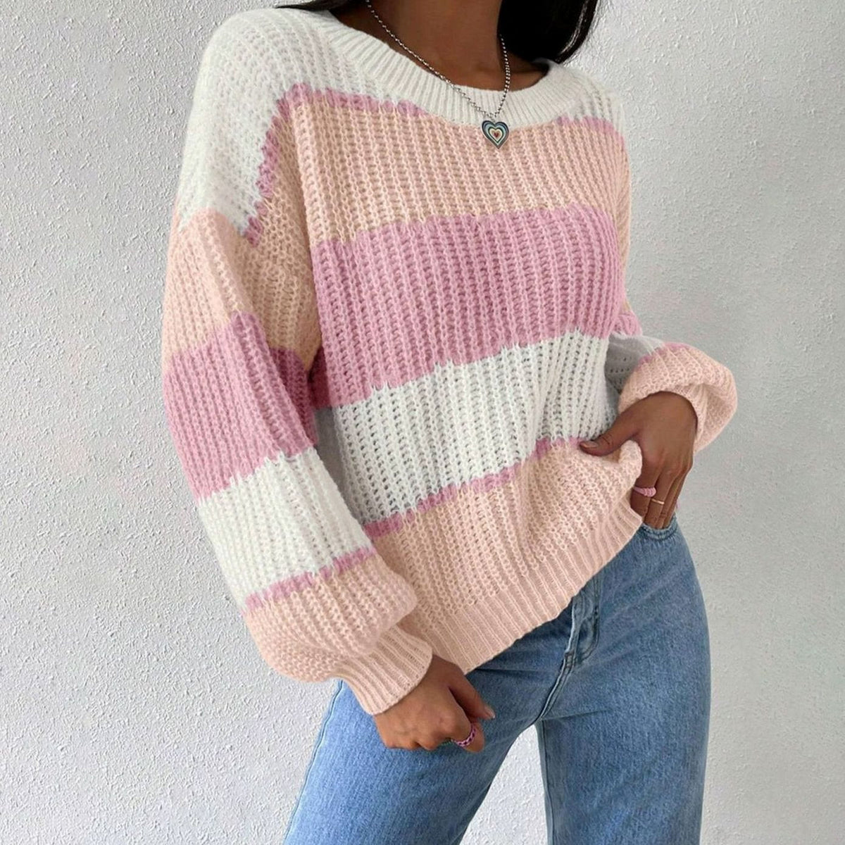 Women's Striped Chunky-Knit Relaxed-Fit Pullover Sweater