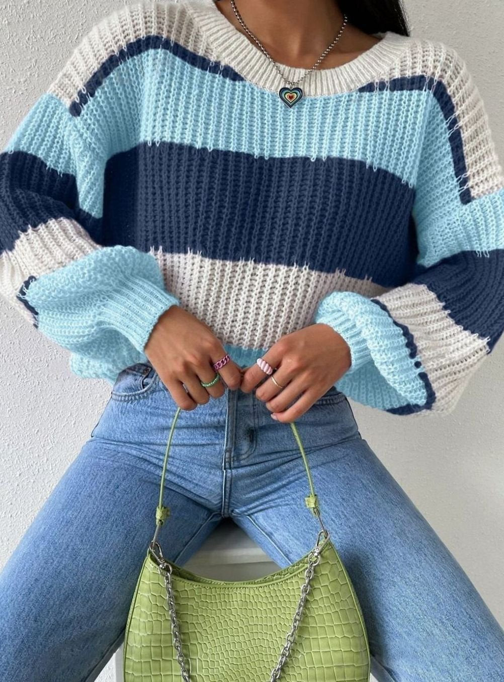 Women's Striped Chunky-Knit Relaxed-Fit Pullover Sweater
