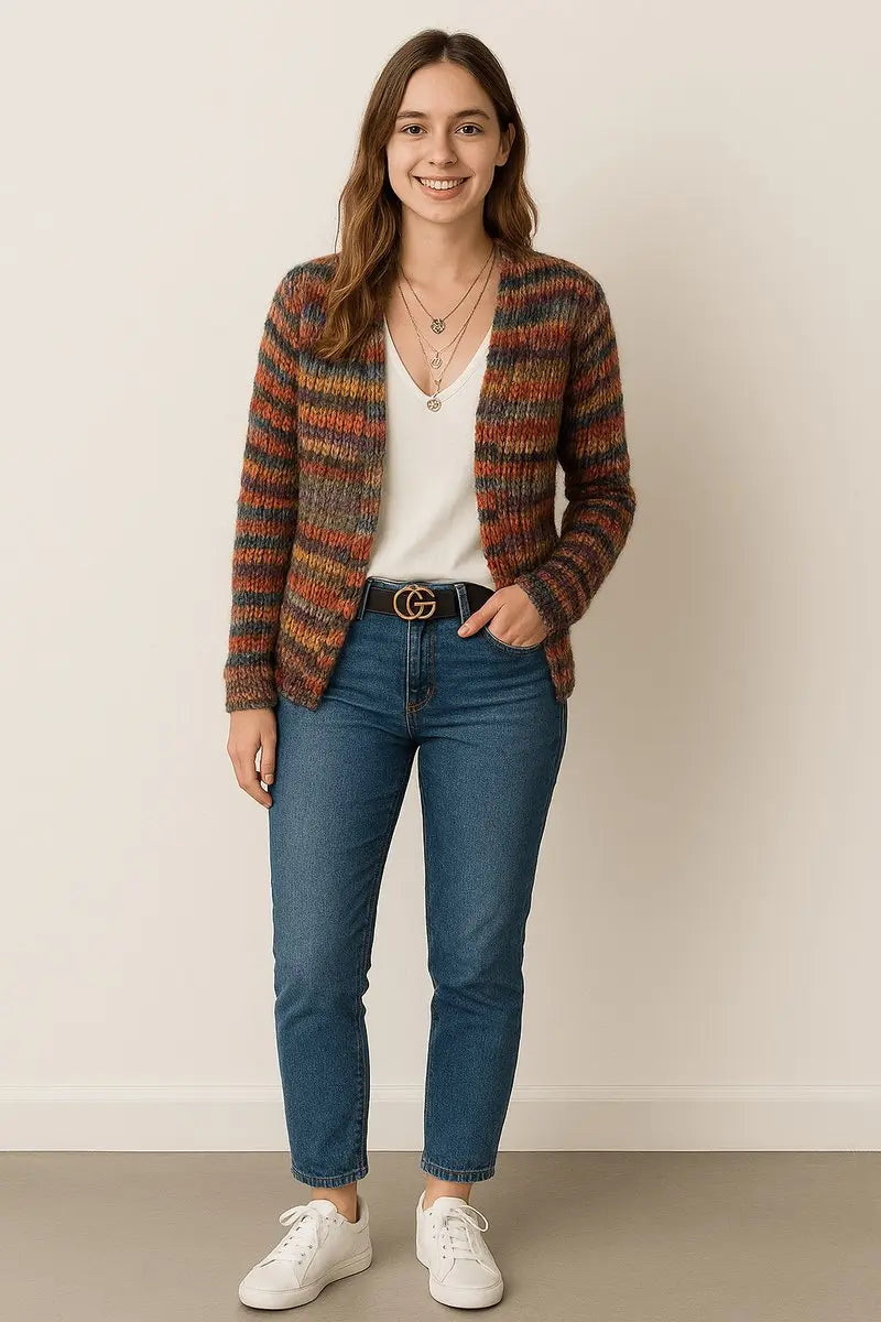 Women's Striped Open-Front Long-Sleeve Knit Cardigan