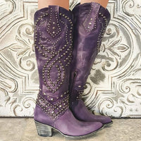 Women's Studded Western Knee-High Boots with Block Heel and Pointed Toe