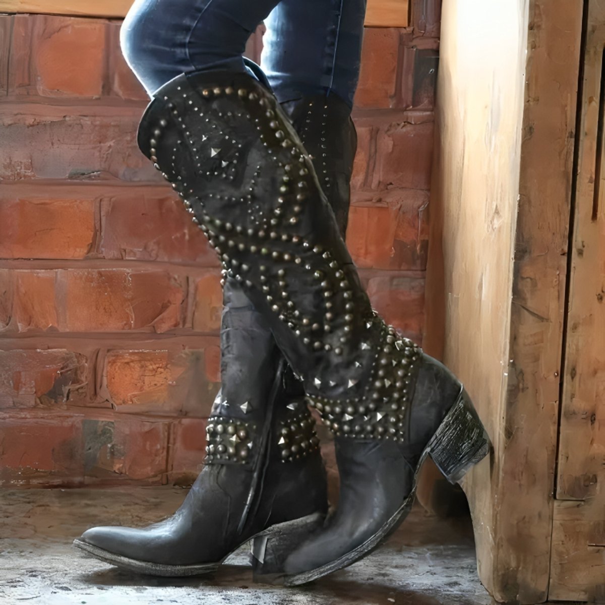 Women's Studded Western Knee-High Boots with Block Heel and Pointed Toe