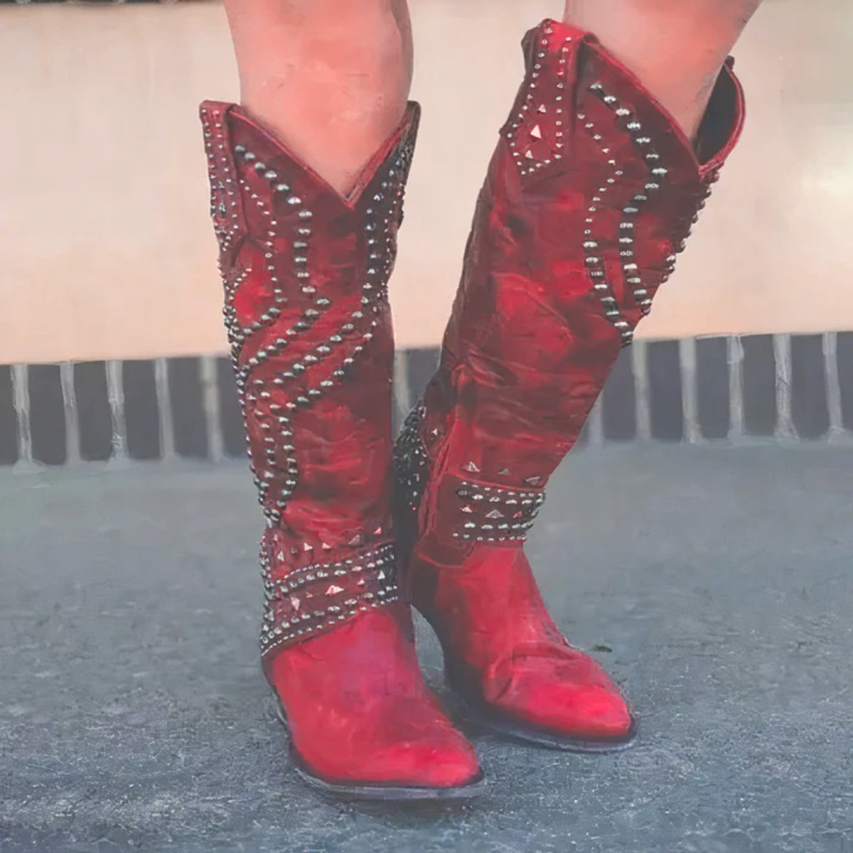 Women's Studded Western Knee-High Boots with Block Heel and Pointed Toe