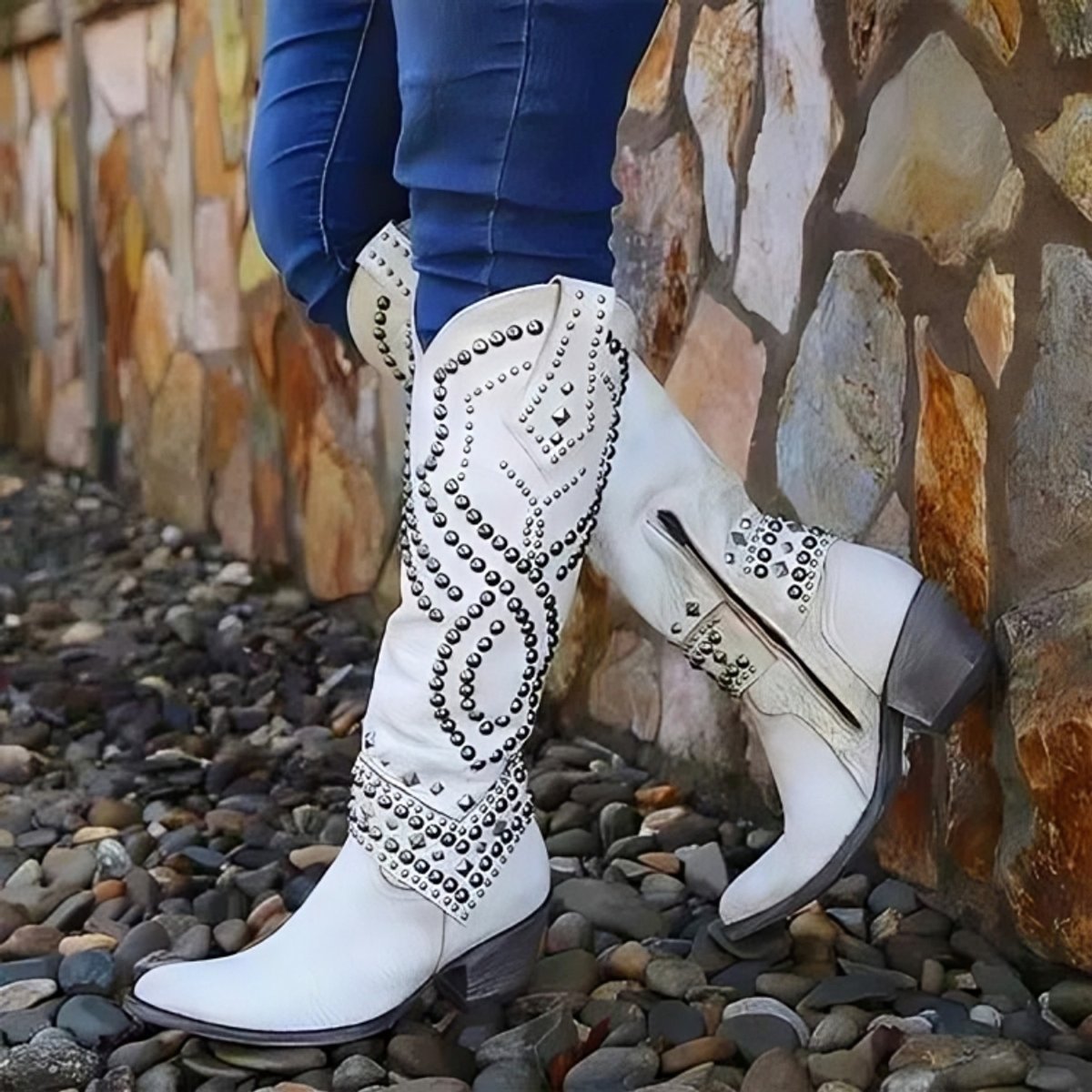 Women's Studded Western Knee-High Boots with Block Heel and Pointed Toe