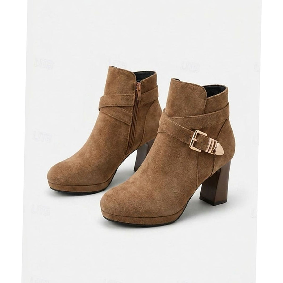 Women's Suede Buckle-Strap Block Heel Ankle Boots
