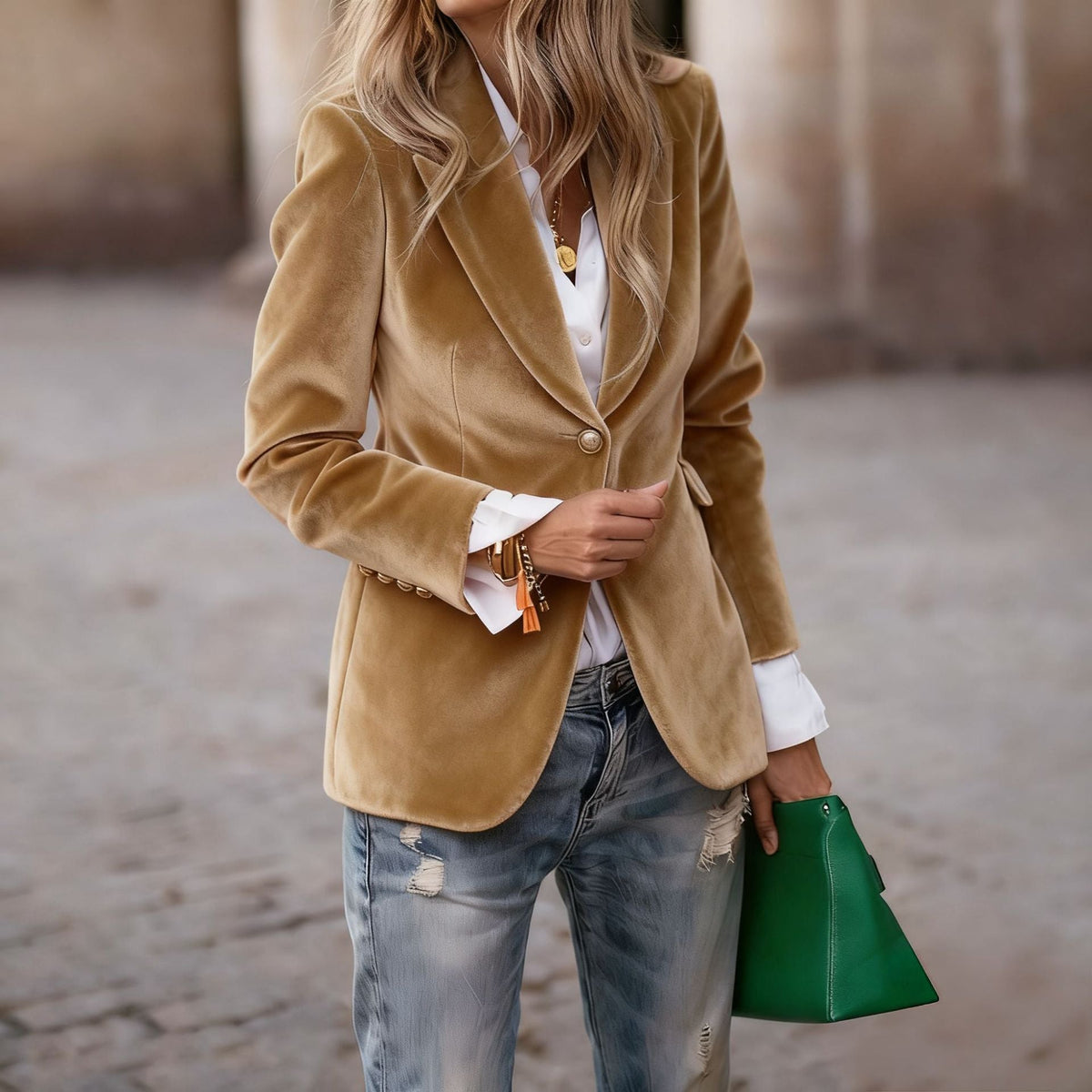 Women's Tailored Velvet Blazer with Lapel Collar and Single-Button Closure