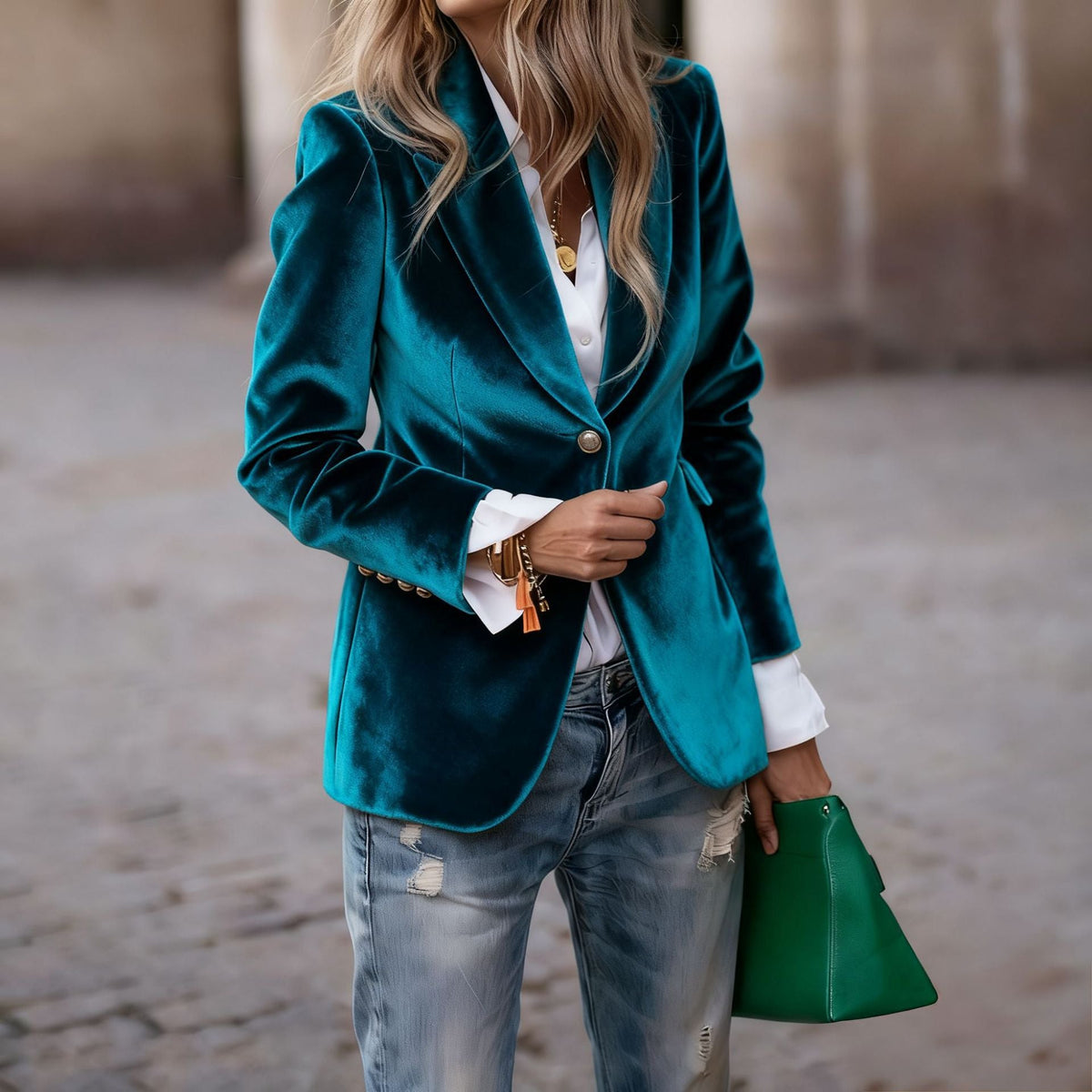 Women's Tailored Velvet Blazer with Lapel Collar and Single-Button Closure