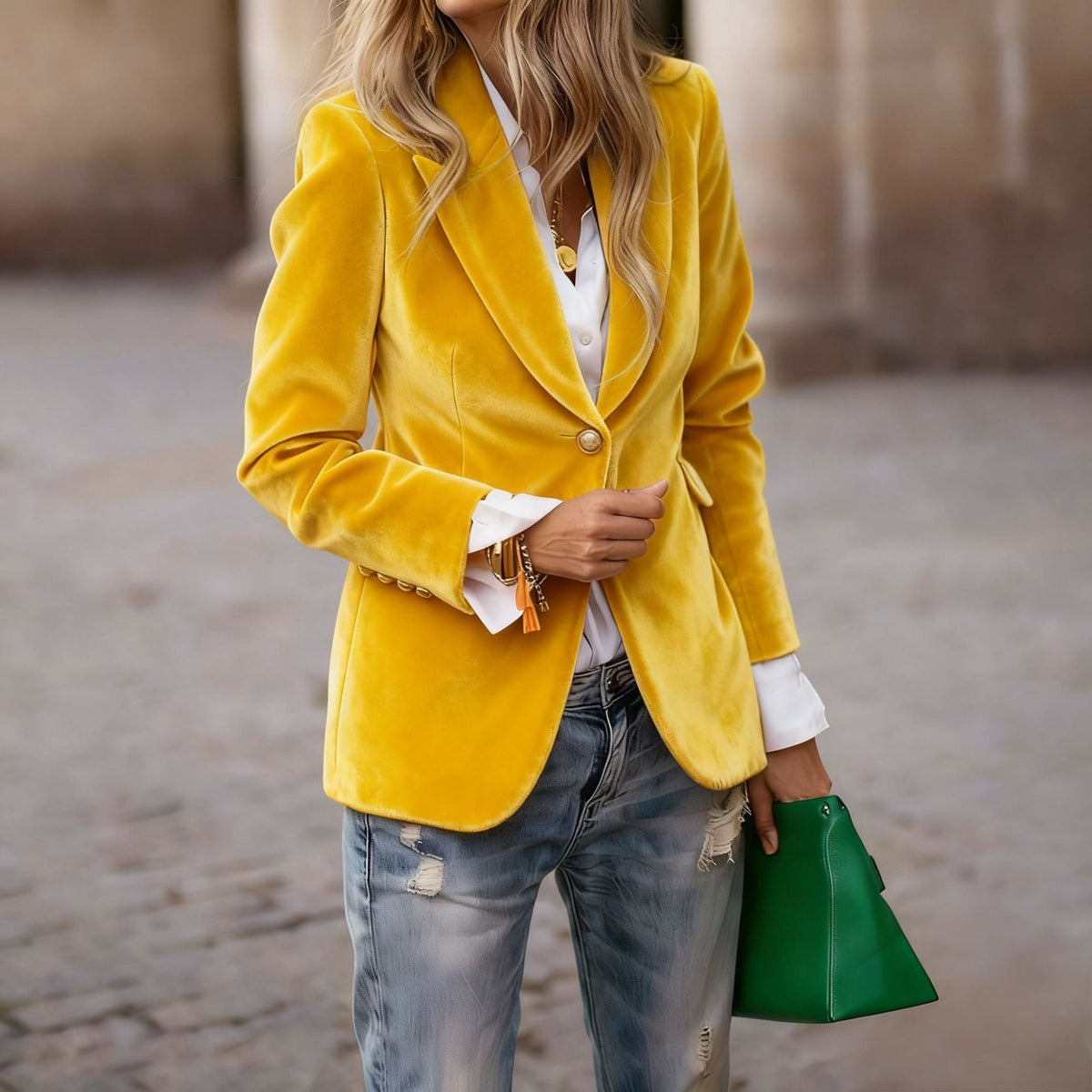 Women's Tailored Velvet Blazer with Lapel Collar and Single-Button Closure