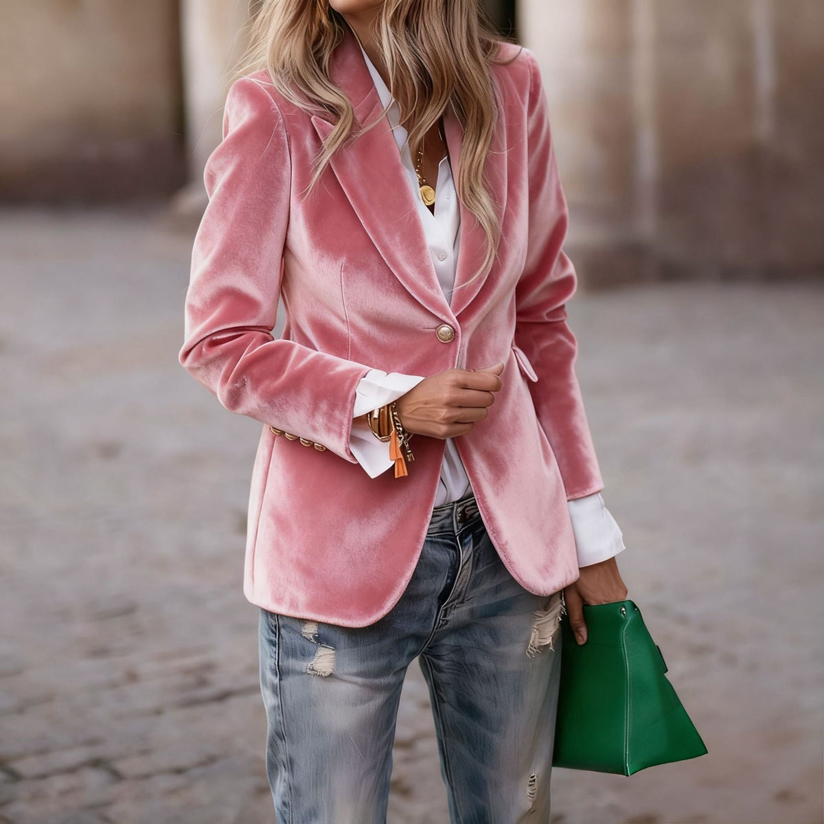 Women's Tailored Velvet Blazer with Lapel Collar and Single-Button Closure