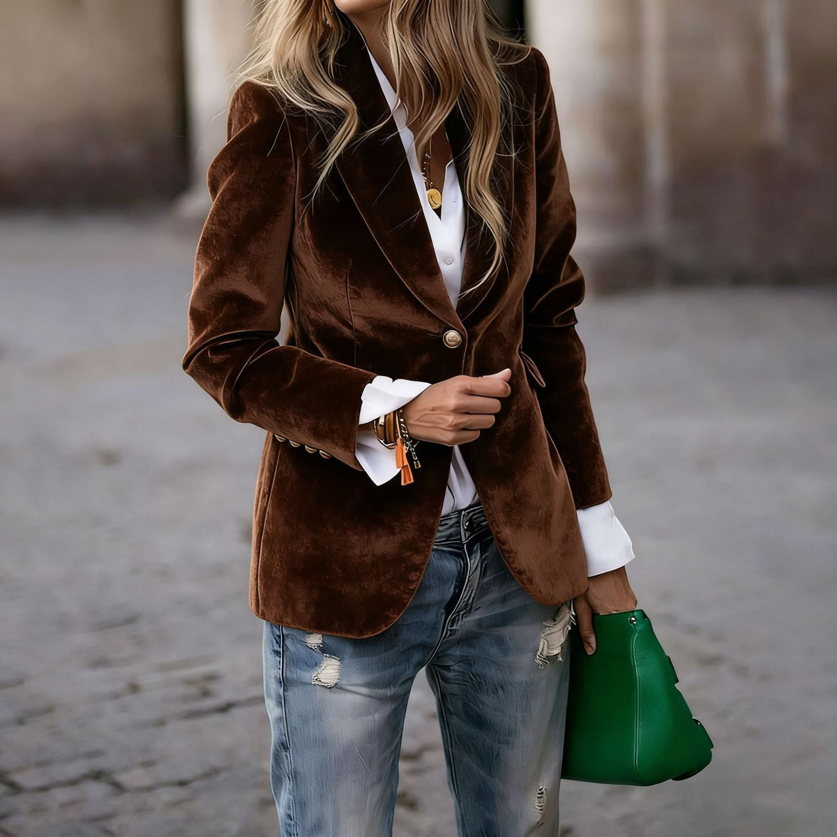 Women's Tailored Velvet Blazer with Lapel Collar and Single-Button Closure
