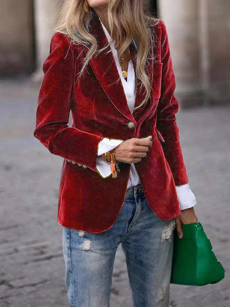 Women's Tailored Velvet Blazer with Lapel Collar and Single-Button Closure