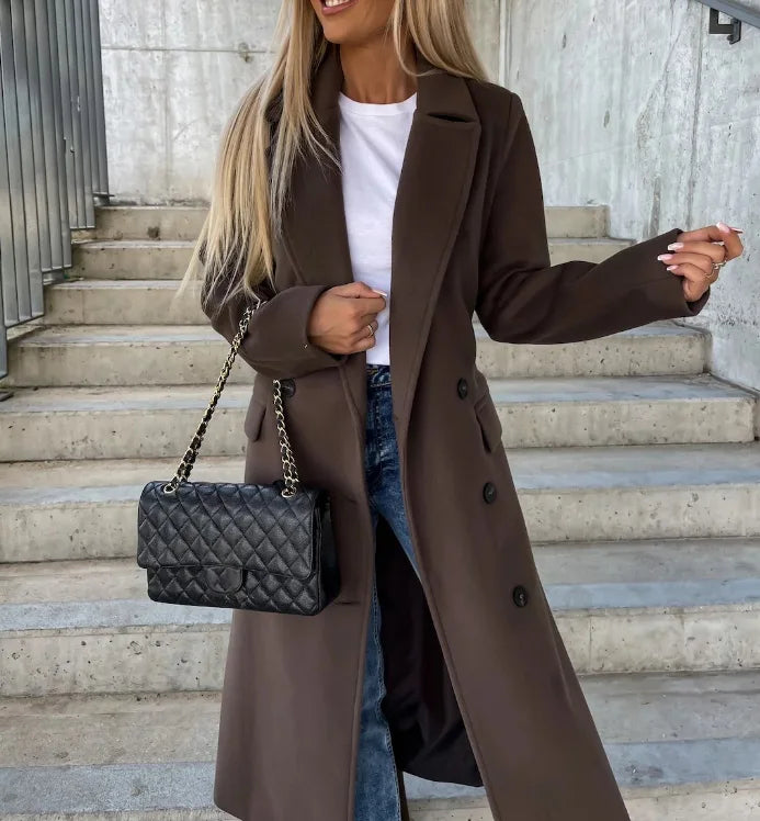 Women's Timeless Textured Double-Breasted Coat with Lapels