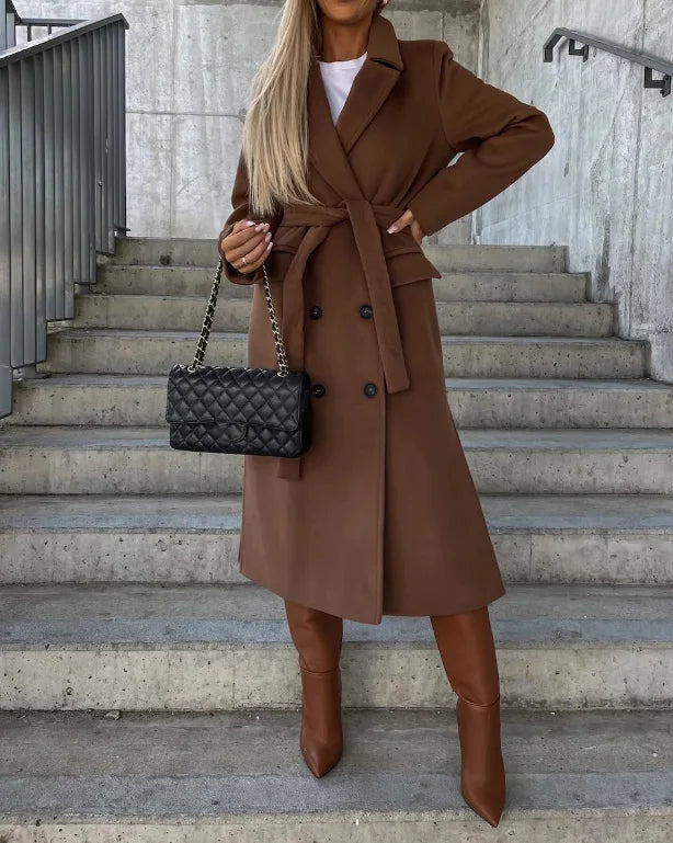 Women's Timeless Textured Double-Breasted Coat with Lapels
