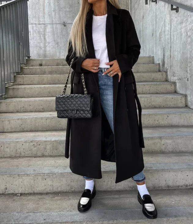 Women's Timeless Textured Double-Breasted Coat with Lapels