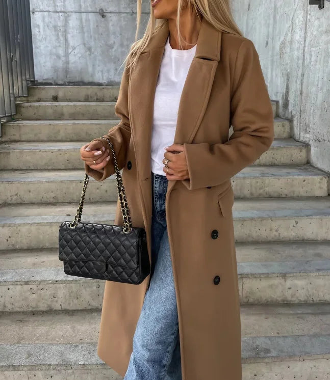 Women's Timeless Textured Double-Breasted Coat with Lapels