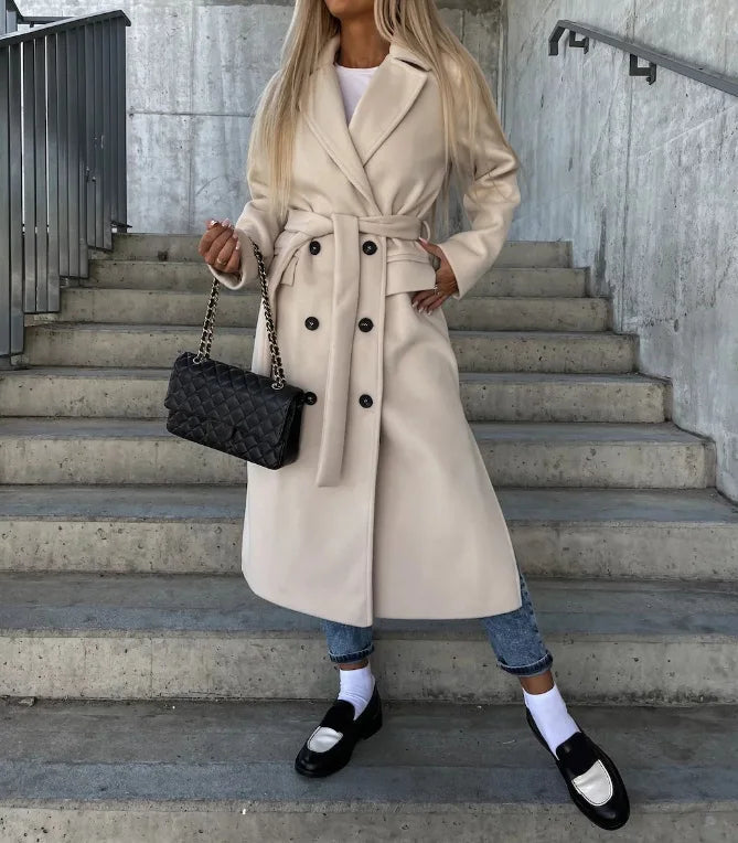 Women's Timeless Textured Double-Breasted Coat with Lapels
