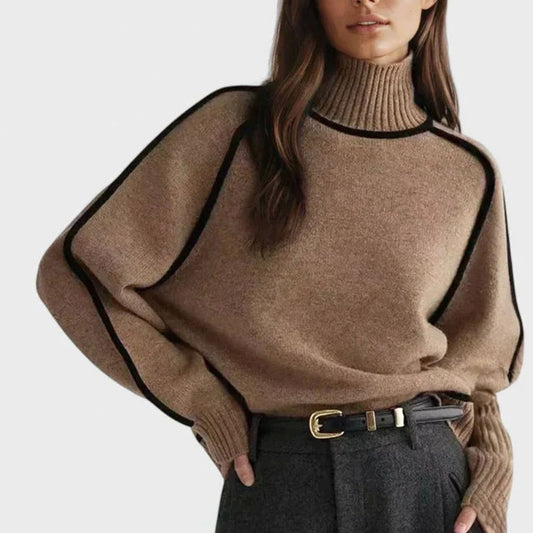 Women's Turtleneck Raglan-Sleeve Contrast-Trim Knit Sweater