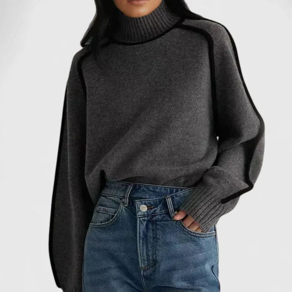 Women's Turtleneck Raglan-Sleeve Contrast-Trim Knit Sweater