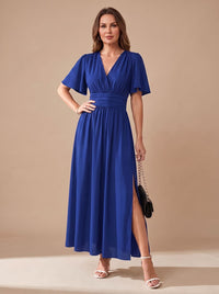 Women's V-Neck Flutter-Sleeve High-Waist Maxi Dress with Side Slit