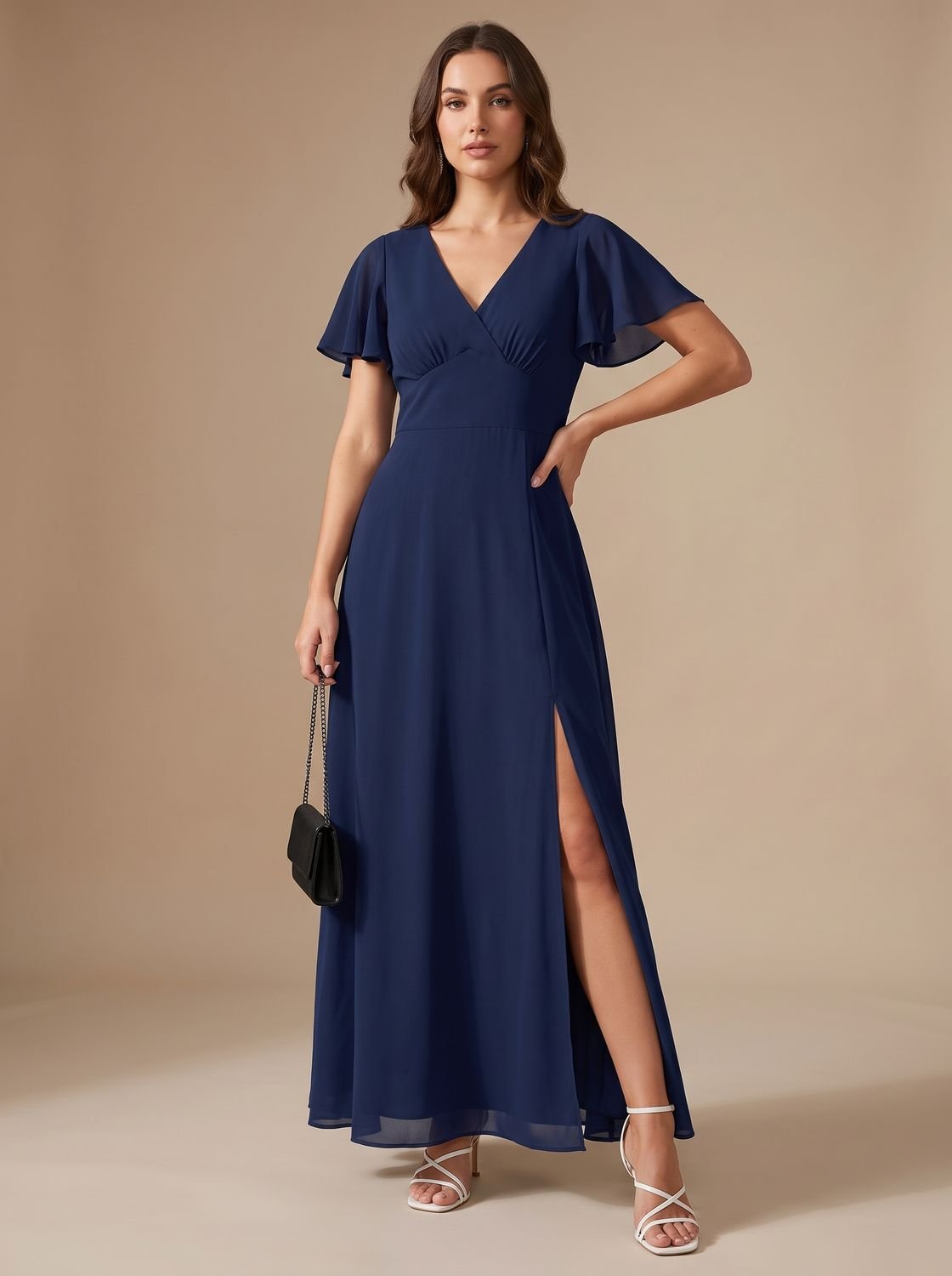 Women's V-Neck Flutter-Sleeve High-Waist Maxi Dress with Side Slit